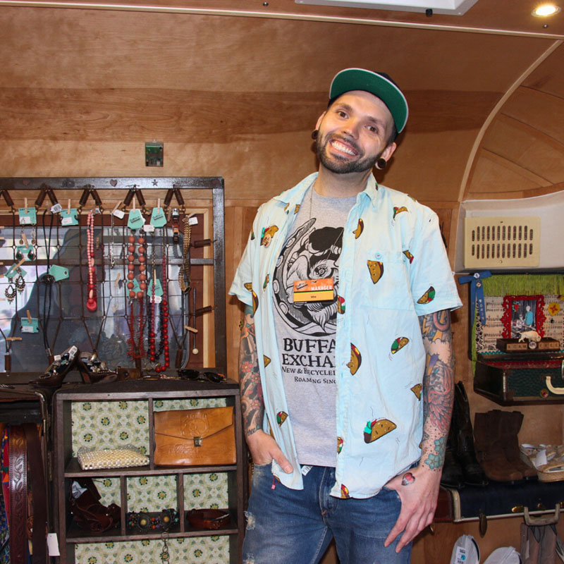 Mike smiling in the Buffalo 40th anniversary Airstream trailer