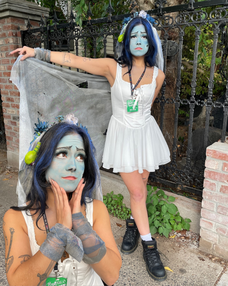 Person wearing Halloween costume of The Corpse Bride by Tim Burton