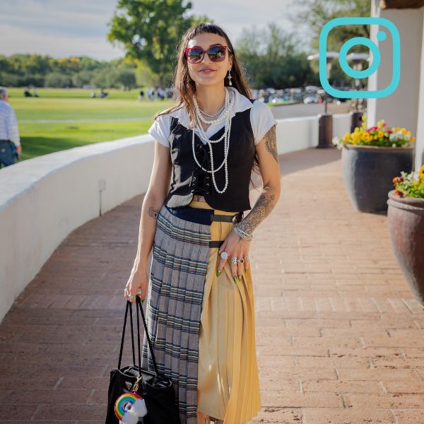 person standing in mixed media skirt with instagram logo overlay